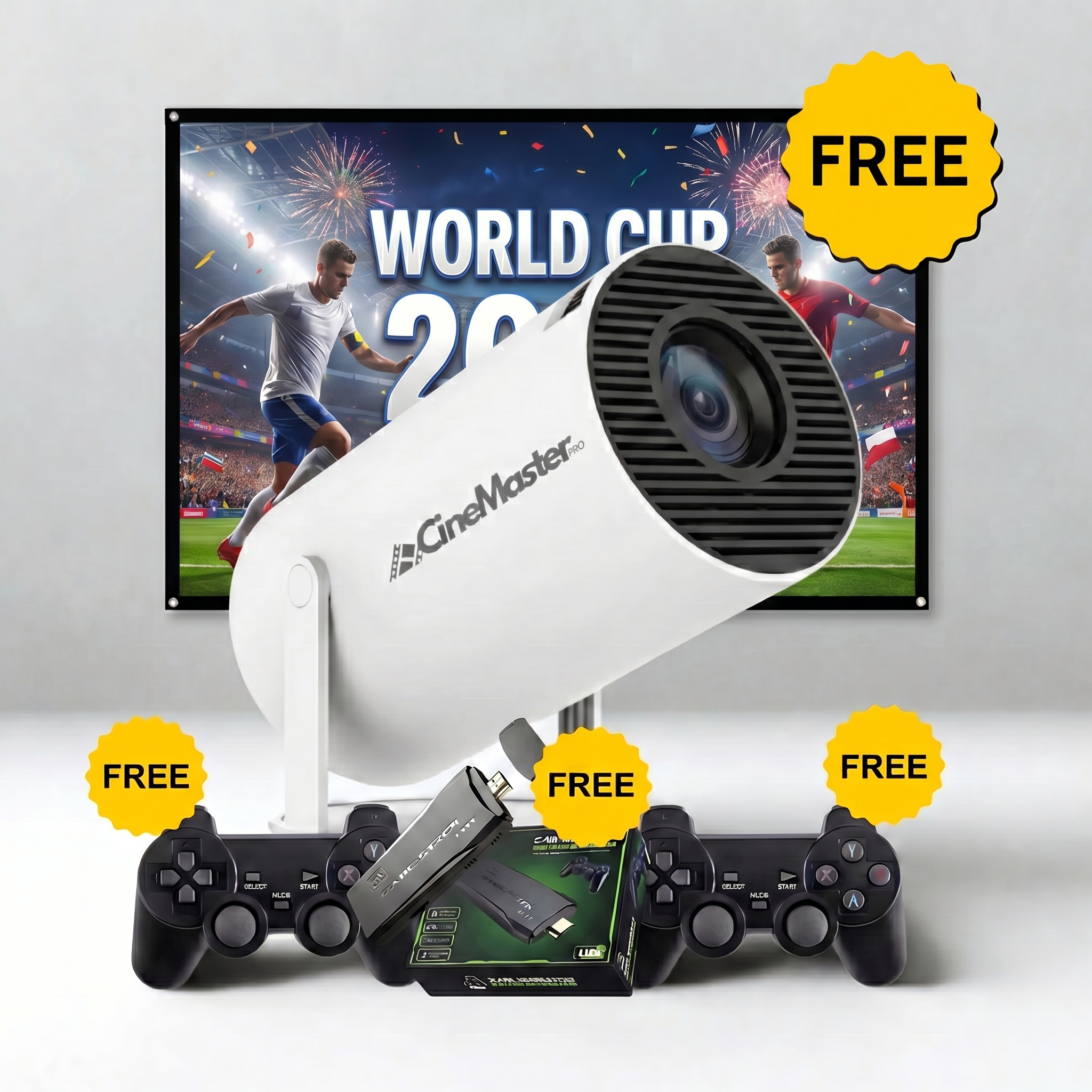 White projector with two controllers and a gaming stick, labeled as free.